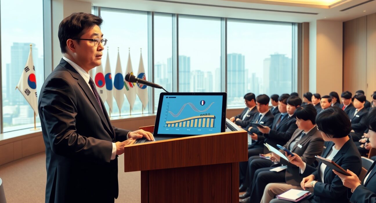 South Korean FSC official discussing stablecoin legislation and tax policy at a financial seminar in Seoul.
