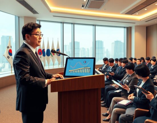 South Korean FSC official discussing stablecoin legislation and tax policy at a financial seminar in Seoul.