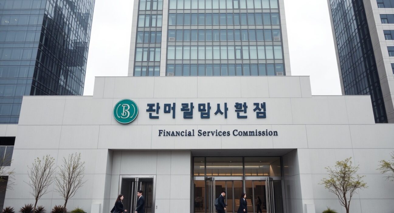 Exterior of South Korea's Financial Services Commission building in Seoul, symbolizing regulatory oversight of virtual asset exchanges.