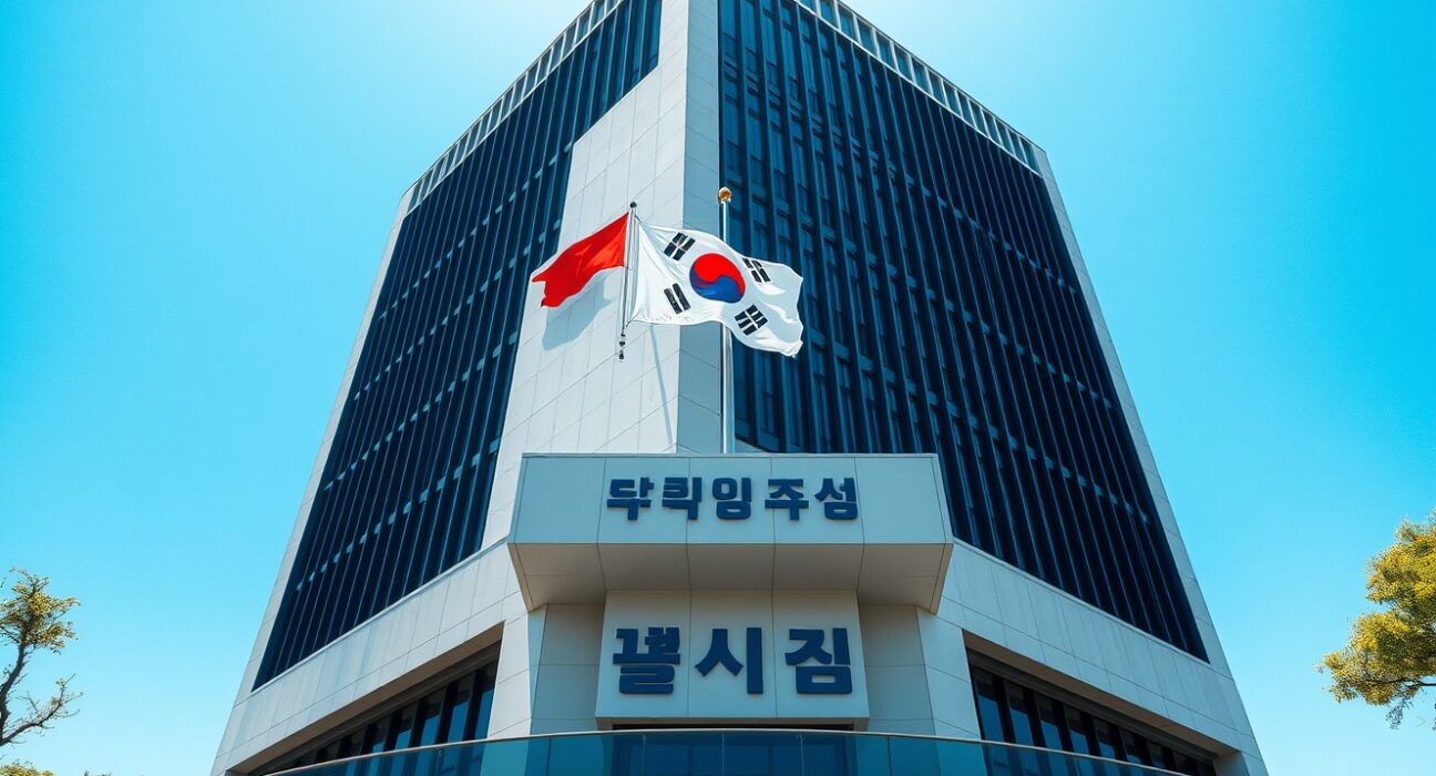 Exterior of the Financial Services Commission building in Seoul, South Korea, under a clear blue sky.