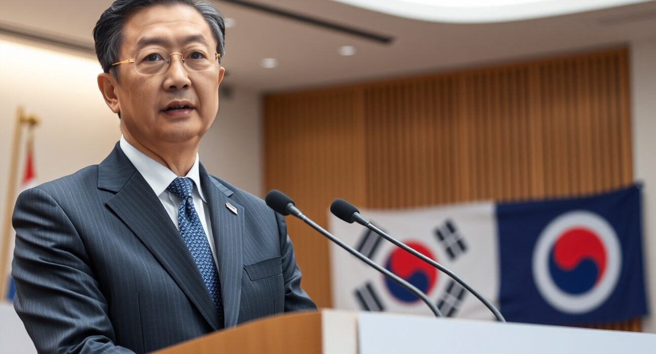 FSS Governor Lee Chan-jin speaking at a press conference about crypto regulation in South Korea