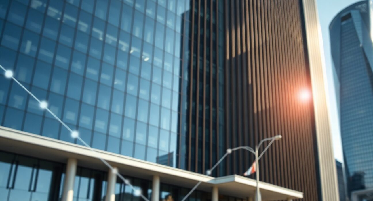 Exterior of a modern corporate headquarters building in Seoul, South Korea, representing Mirae Asset Financial Group.
