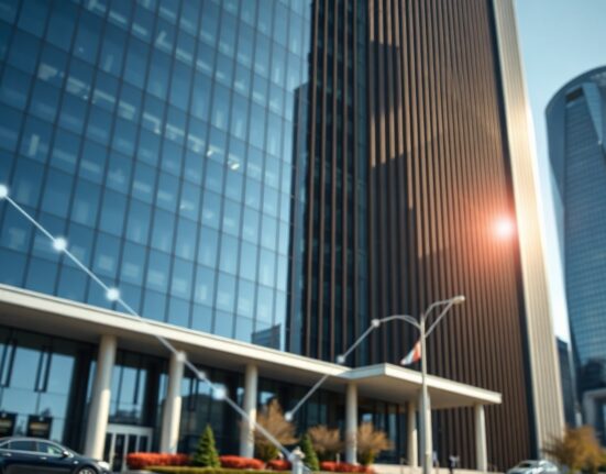 Exterior of a modern corporate headquarters building in Seoul, South Korea, representing Mirae Asset Financial Group.