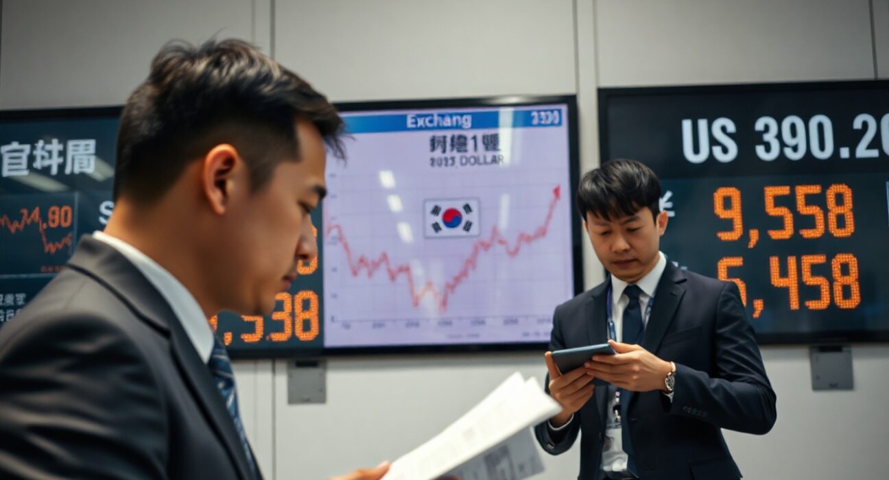 Financial analyst monitoring South Korean won exchange rate in Seoul office