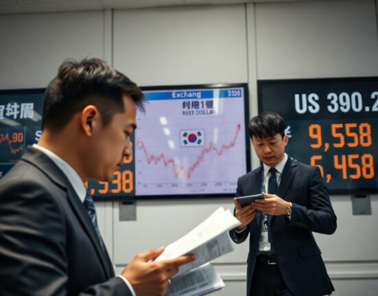 Financial analyst monitoring South Korean won exchange rate in Seoul office
