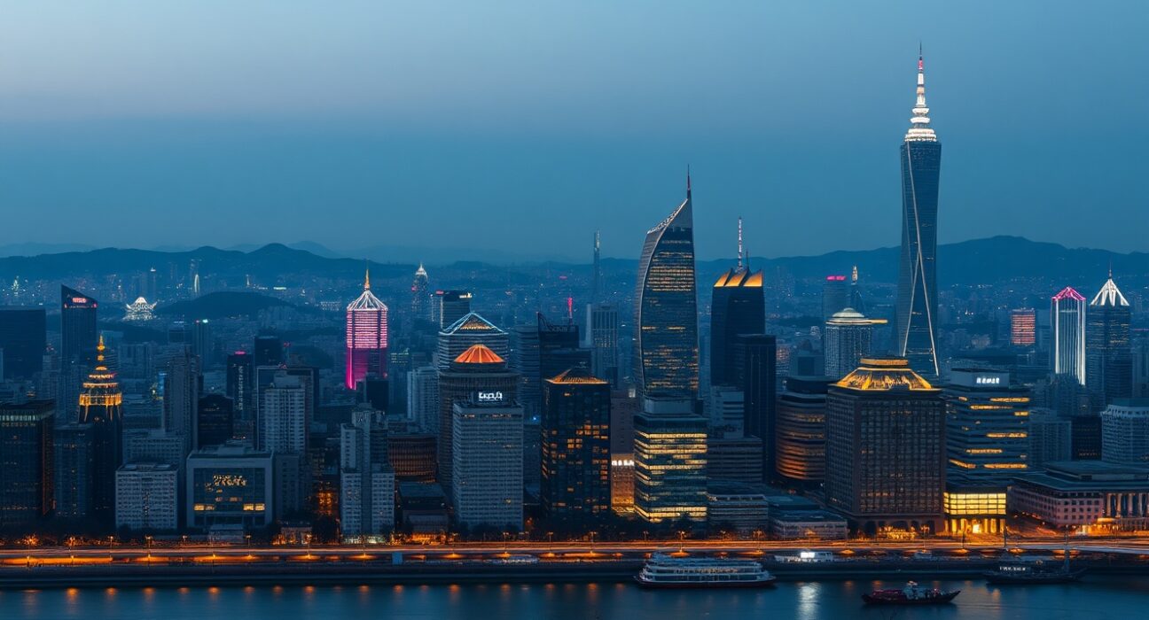Seoul financial district skyline at sunrise with office workers crossing a street