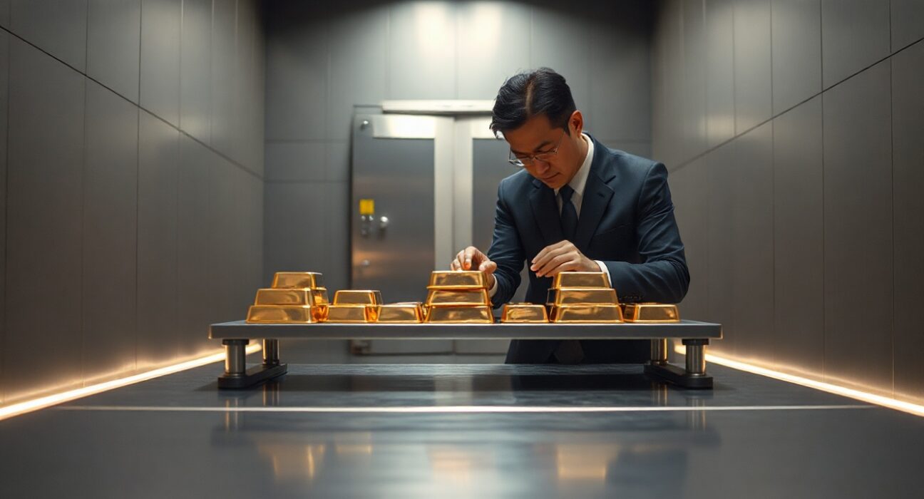 Bank of Korea official inspecting gold bars in a secure vault for the reserve expansion program.