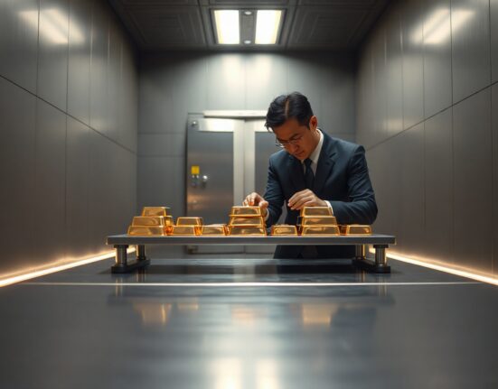 Bank of Korea official inspecting gold bars in a secure vault for the reserve expansion program.
