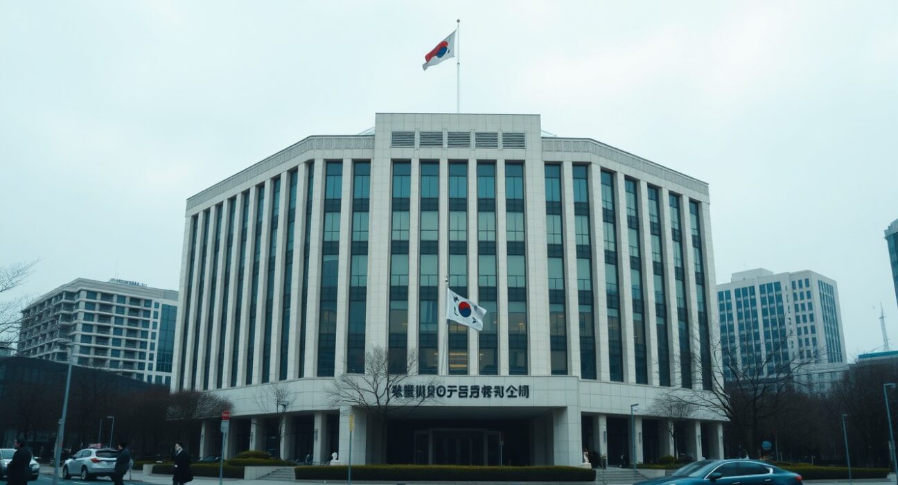 Bank of Korea headquarters in Seoul on a cloudy day, representing cautious monetary policy amid rising CPI.