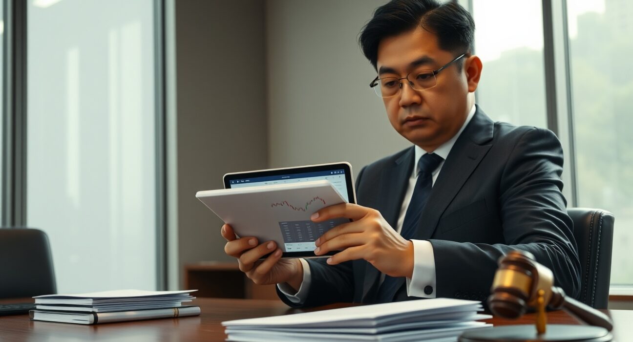 South Korean tax official reviewing cryptocurrency seizure data on tablet in government office