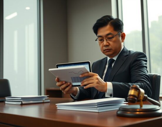 South Korean tax official reviewing cryptocurrency seizure data on tablet in government office
