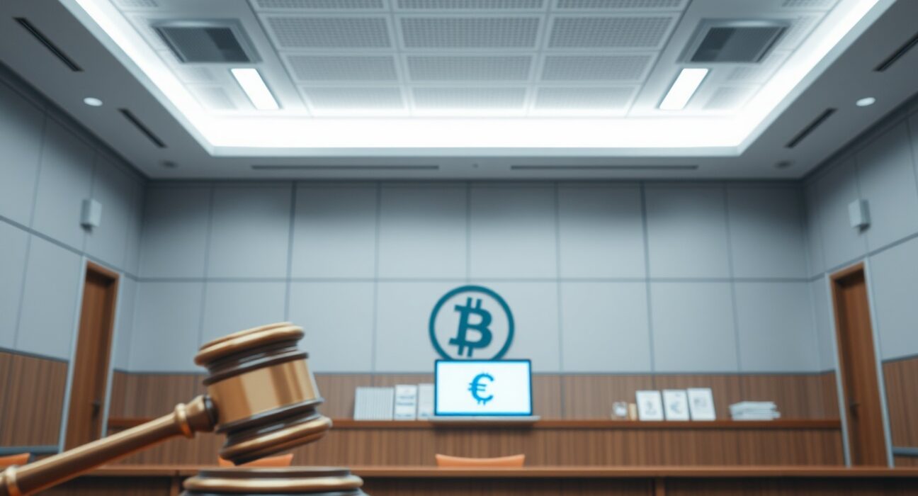 South Korean courtroom with gavel and laptop showing digital currency symbol, representing crypto crime convictions.