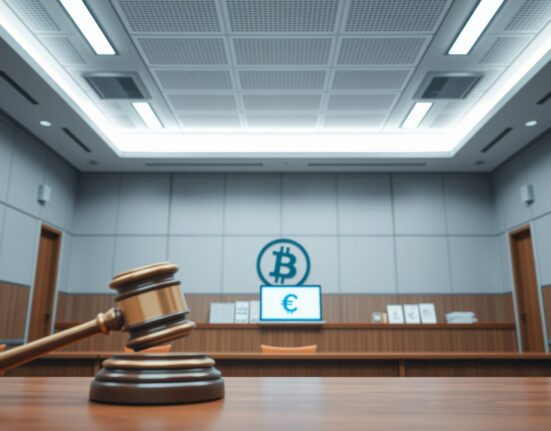 South Korean courtroom with gavel and laptop showing digital currency symbol, representing crypto crime convictions.