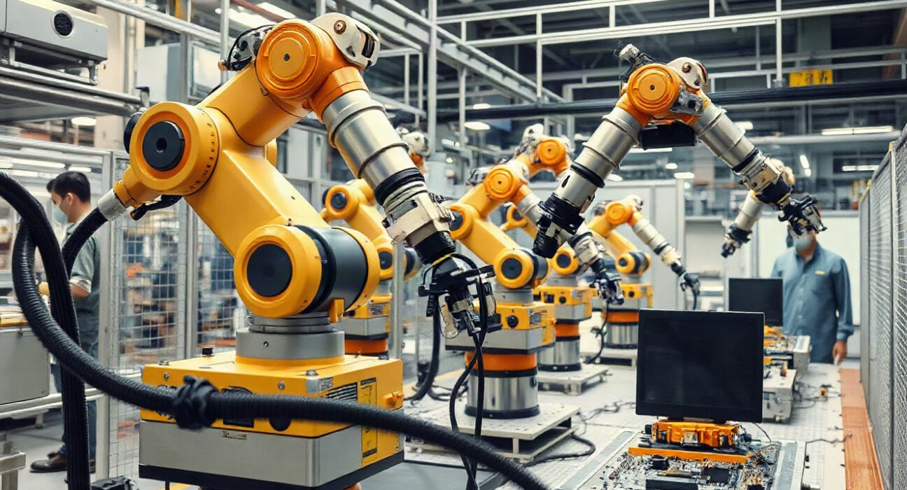 Robotic arms assembling electronics on a South Korean factory floor