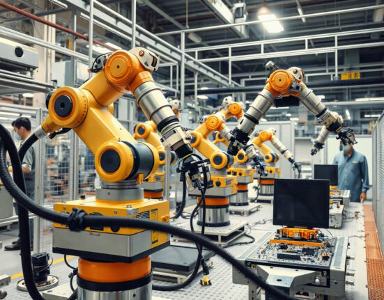Robotic arms assembling electronics on a South Korean factory floor