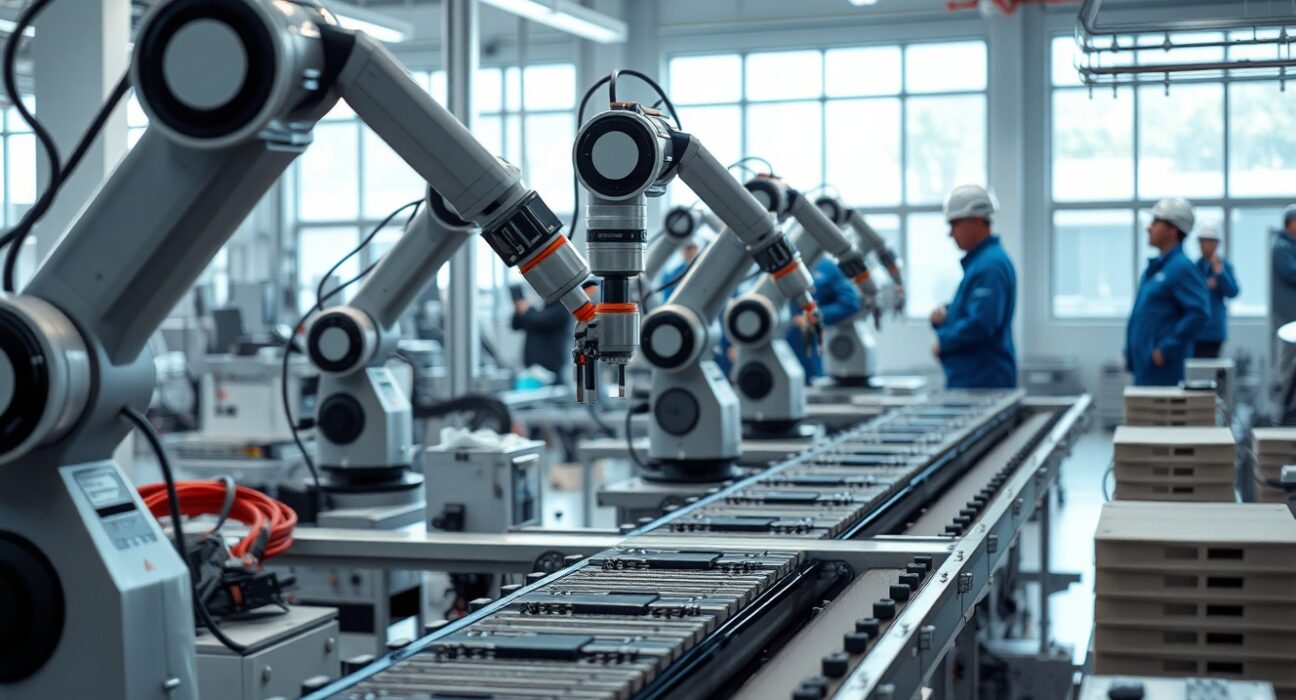 Robotic arms assembling electronics in a South Korean factory, reflecting strong industrial output growth.