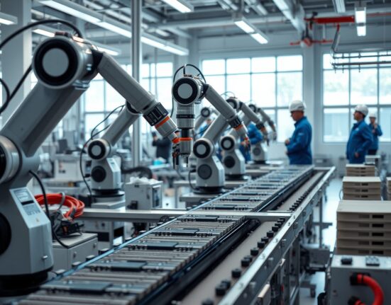 Robotic arms assembling electronics in a South Korean factory, reflecting strong industrial output growth.