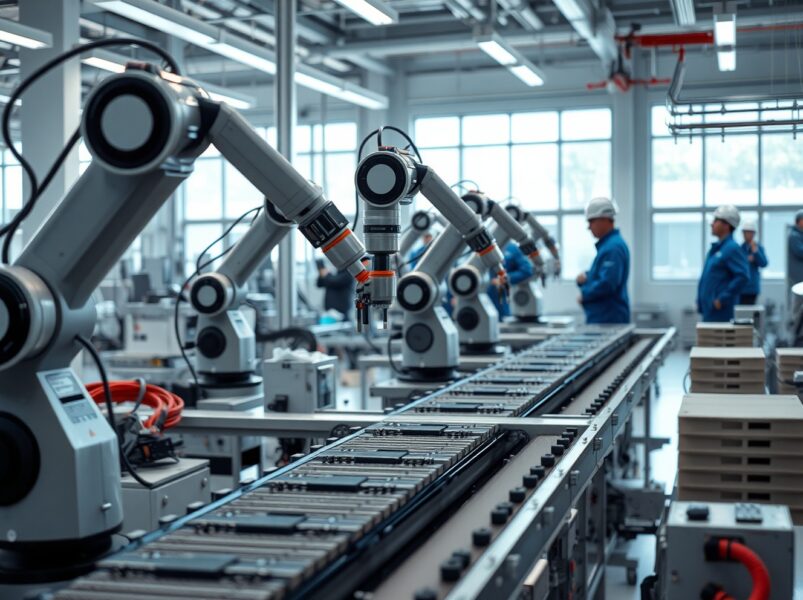 Robotic arms assembling electronics in a South Korean factory, reflecting strong industrial output growth.