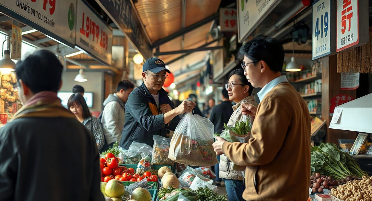 Shoppers browse produce at a traditional market in Seoul, South Korea, as inflation eases.