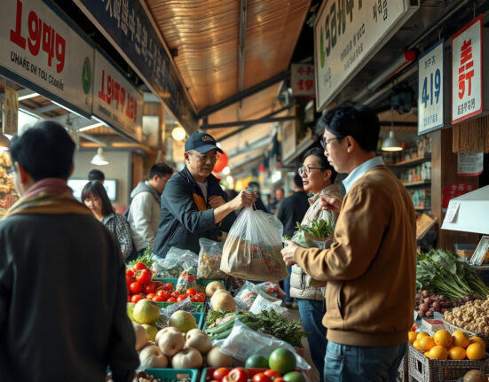 Shoppers browse produce at a traditional market in Seoul, South Korea, as inflation eases.
