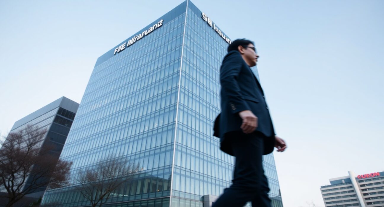 Modern high-rise building of a South Korean insurance company in Seoul, symbolizing the industry's slow adoption of digital assets.