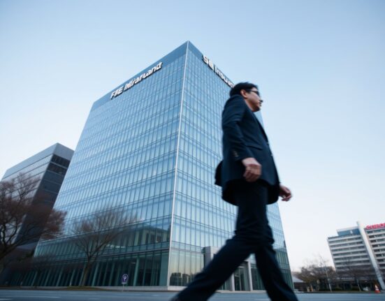 Modern high-rise building of a South Korean insurance company in Seoul, symbolizing the industry's slow adoption of digital assets.