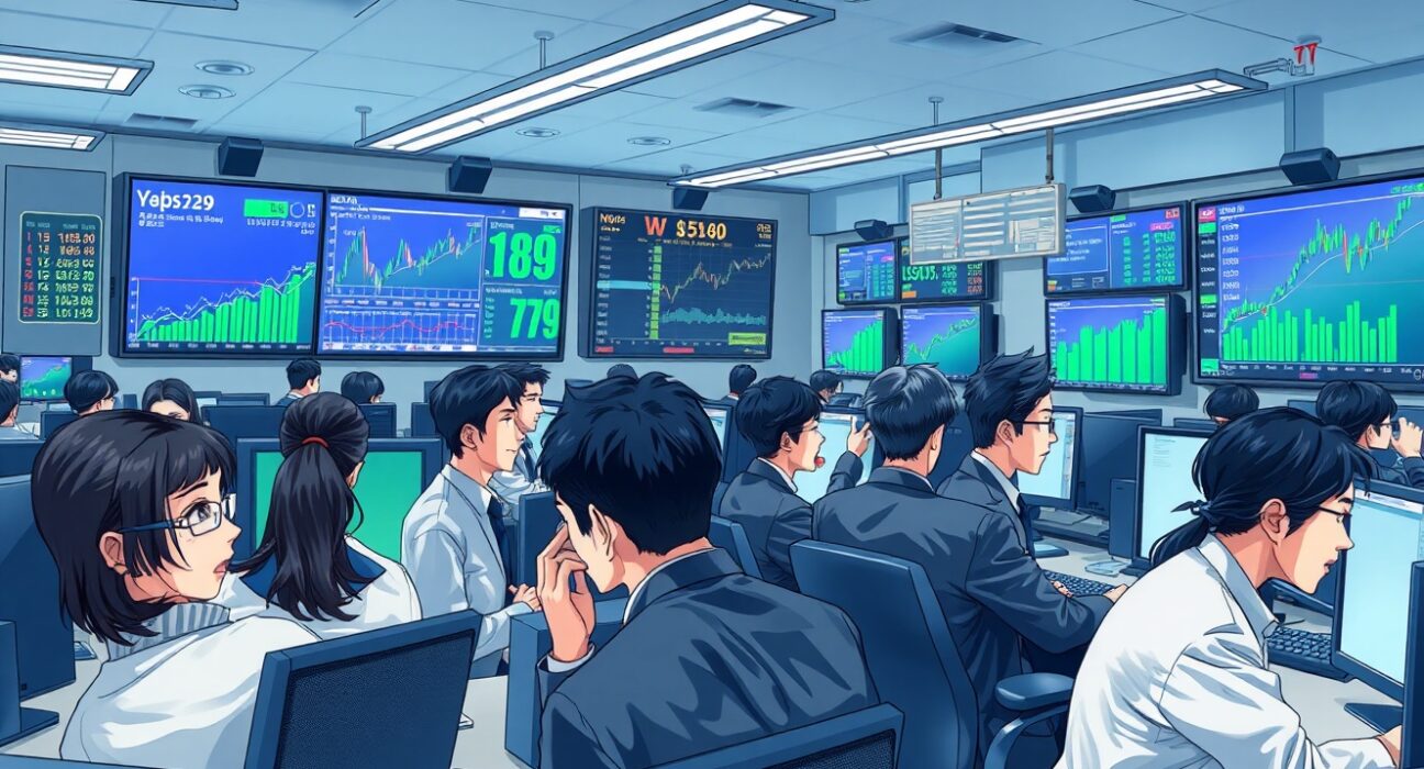 Professional traders monitoring rising South Korea and Japan equity markets on trading floor displays