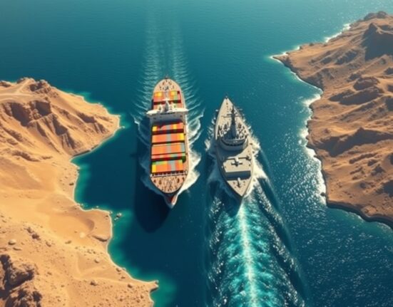 Strategic aerial view of the Strait of Hormuz, a critical global oil shipping chokepoint.