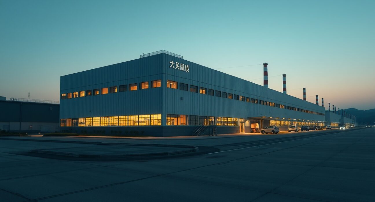Exterior view of a semiconductor factory in South Korea at dusk, representing manufacturing sector conditions.