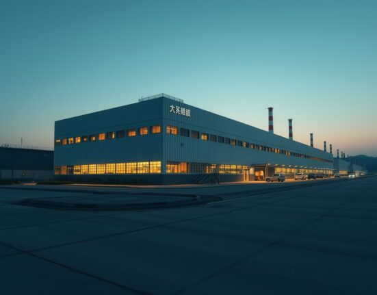 Exterior view of a semiconductor factory in South Korea at dusk, representing manufacturing sector conditions.