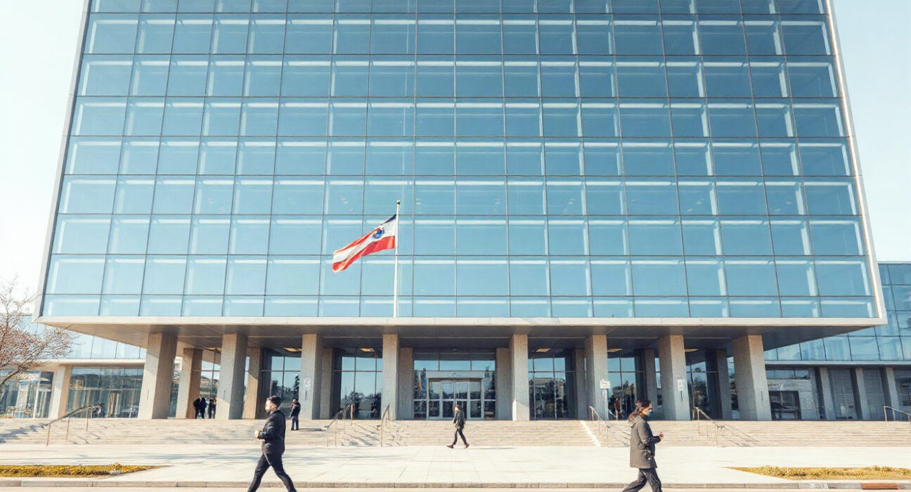 Bank of Korea headquarters in Seoul on a clear day, representing South Korea's economic outlook.