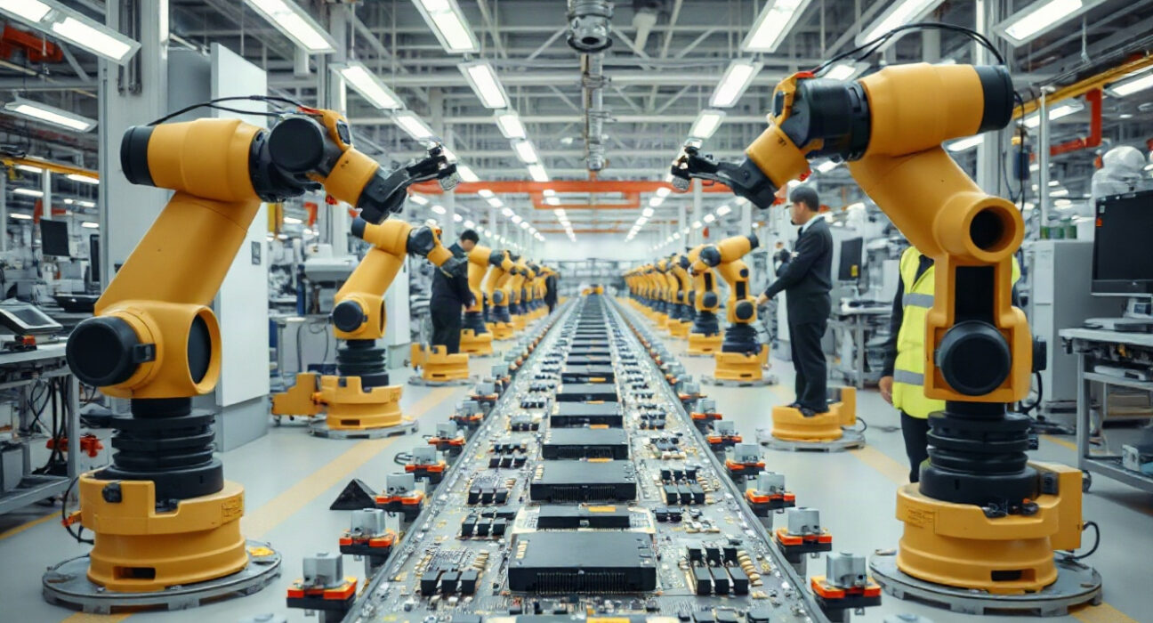Robotic arms on an assembly line inside a modern South Korean electronics factory