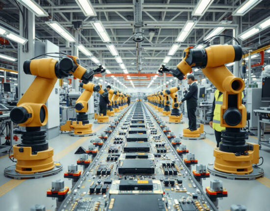 Robotic arms on an assembly line inside a modern South Korean electronics factory