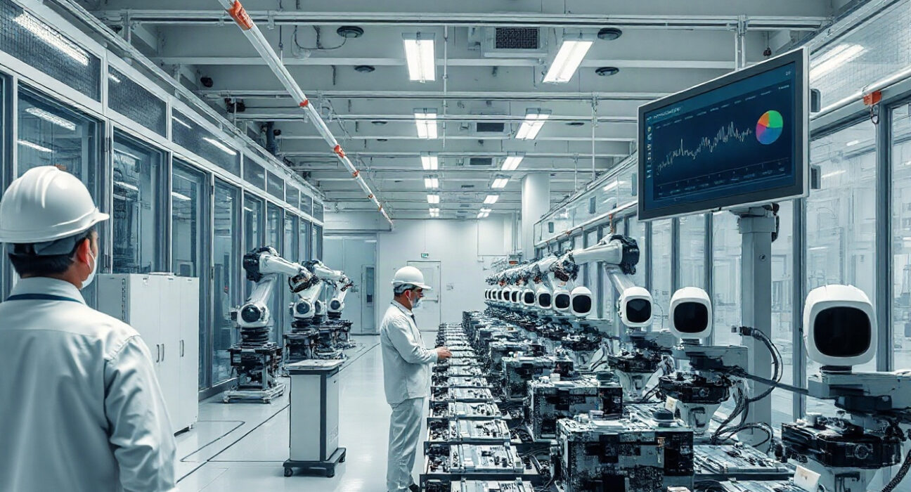 Engineers monitor automated production lines inside a modern South Korean electronics factory.