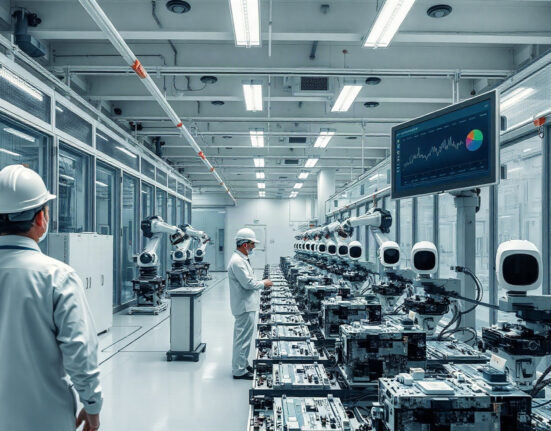 Engineers monitor automated production lines inside a modern South Korean electronics factory.