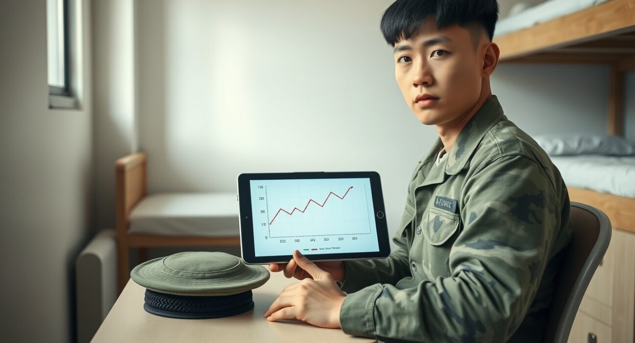 South Korean soldier reviewing financial data on tablet to understand investment risks as part of new military education program.