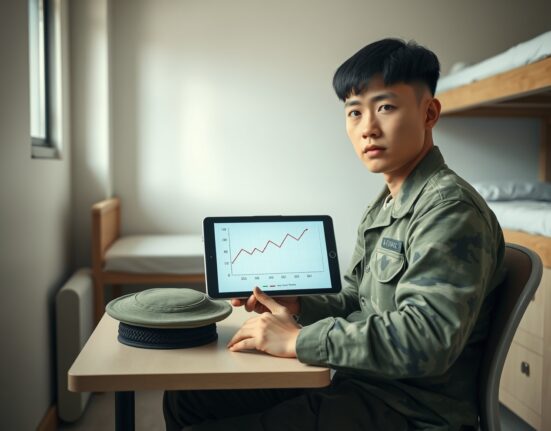 South Korean soldier reviewing financial data on tablet to understand investment risks as part of new military education program.