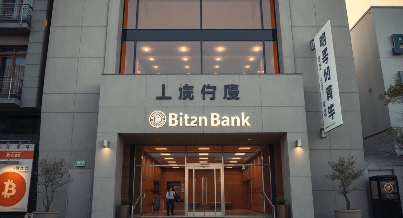 Bank building in Seoul with digital cryptocurrency overlay representing blockchain connectivity