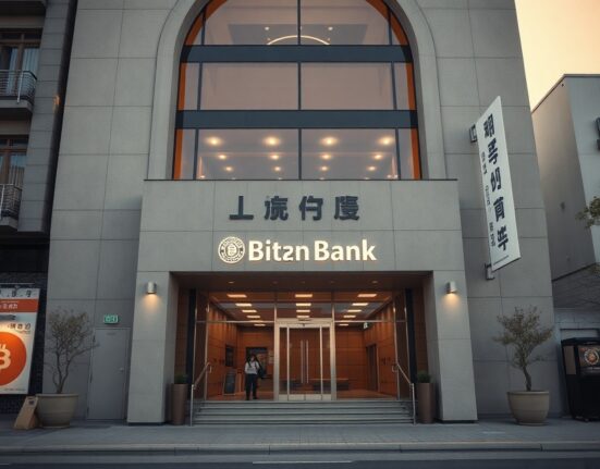 Bank building in Seoul with digital cryptocurrency overlay representing blockchain connectivity