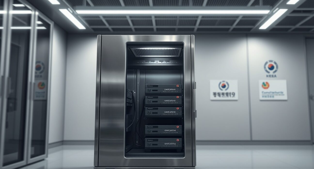 Secure cold storage hardware wallets in a government facility, representing South Korea's NTS crypto custody review.