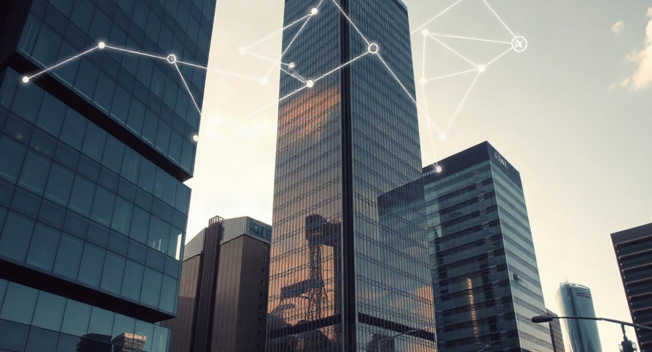 Seoul financial district with digital cryptocurrency overlay representing on-chain activity