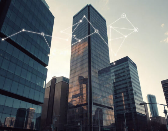 Seoul financial district with digital cryptocurrency overlay representing on-chain activity