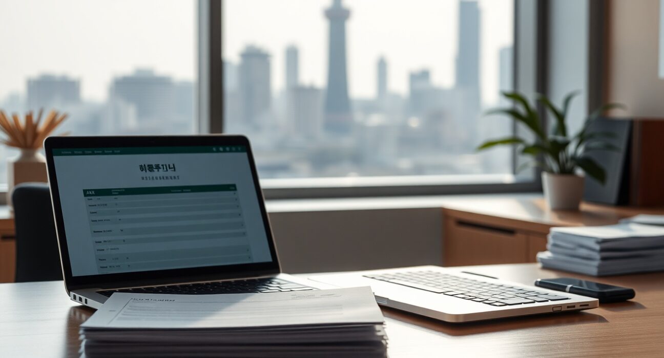South Korean tax documents and laptop on a desk with Seoul skyline in background