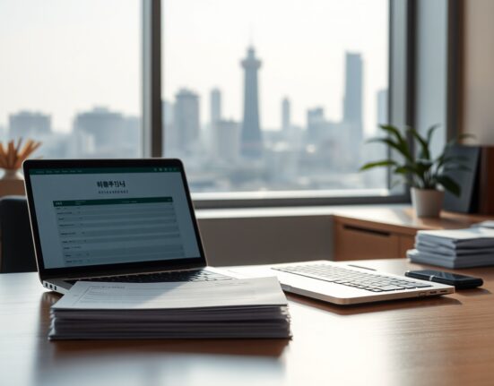 South Korean tax documents and laptop on a desk with Seoul skyline in background