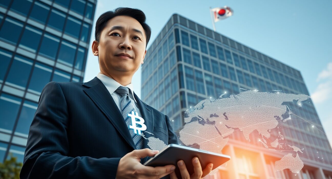 South Korean government building with cryptocurrency cross-border transfer regulation concept