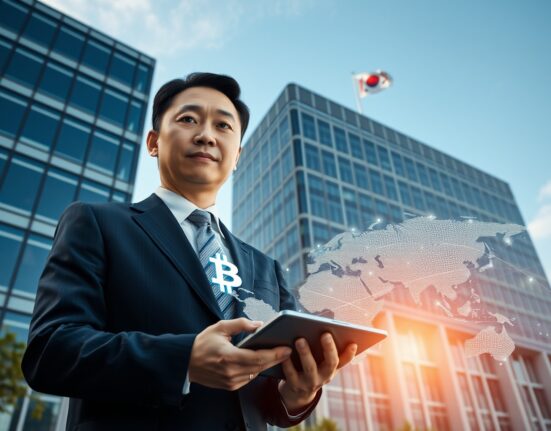South Korean government building with cryptocurrency cross-border transfer regulation concept