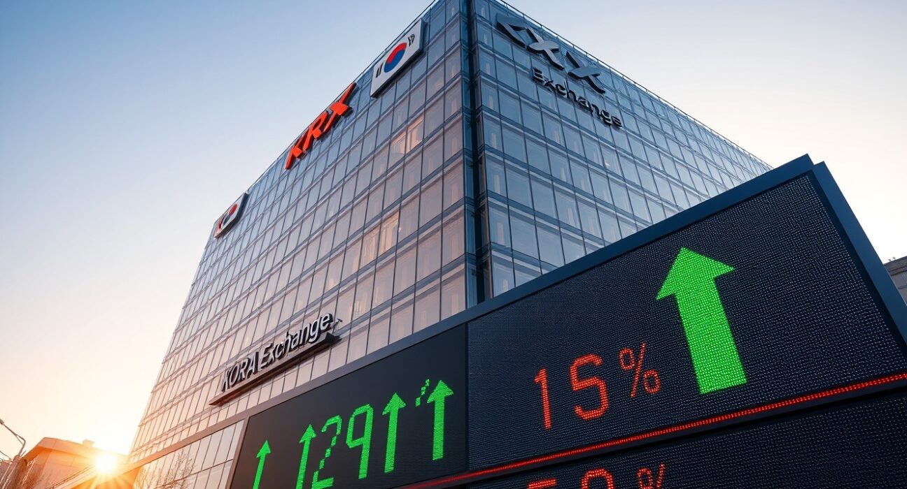 Korea Exchange building in Busan with stock ticker showing positive market data