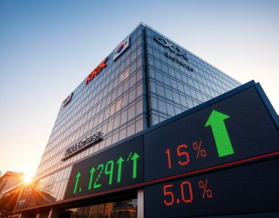 Korea Exchange building in Busan with stock ticker showing positive market data