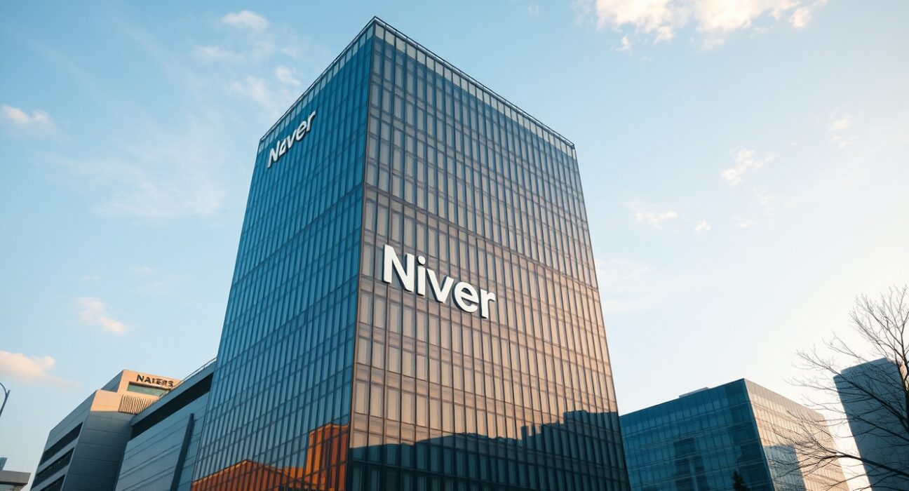 Modern office building in Seoul, South Korea, with Naver branding visible on glass facade during late afternoon