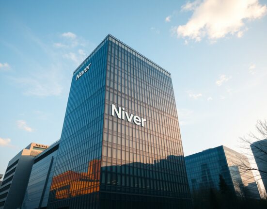 Modern office building in Seoul, South Korea, with Naver branding visible on glass facade during late afternoon